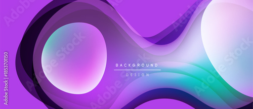 Abstract purple background features flowing shapes, gradients. Modern design elements create dynamic visual texture. Smooth curves dominate composition.