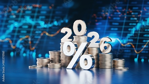 Financial growth concept with stacked coins and a 2026 percent sign