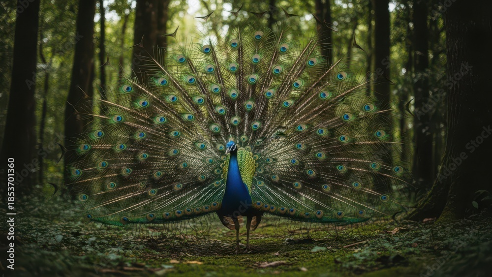 Obraz premium Stunning Close-Up of a Peacock Displaying Its Magnificent Feather Train in the Middle of a Deep Green Forest