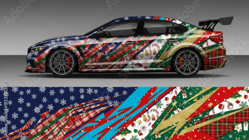 Sports car with a festive Christmas-themed full body wrap design featuring snowflakes, plaid, and holiday patterns.
