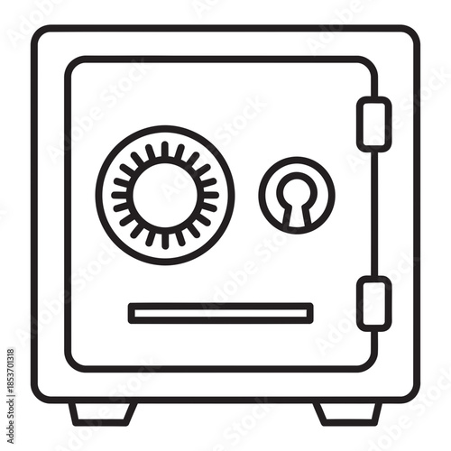 Black and white line art icon of a sturdy strongbox, featuring a combination lock and keyhole, symbolizing robust security, financial protection, and valuable asset storage