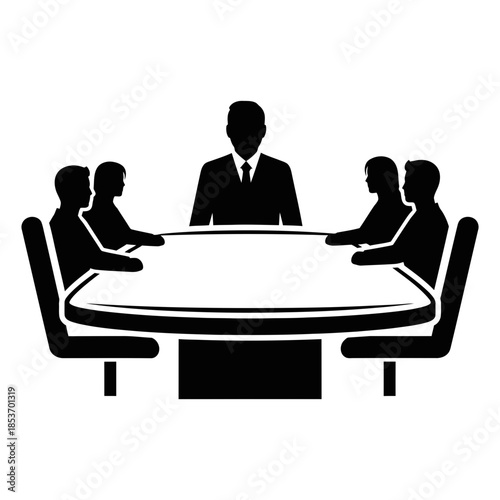 Business Meeting Icon A Silhouette of a Group of People Sitting Around a Table with a Leader at the Head, Representing Collaboration and Corporate Discussions