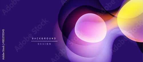 Abstract fluid shapes overlap, creating vibrant purple, yellow gradients. Modern design suggests energy, movement, depth. Minimal text present.