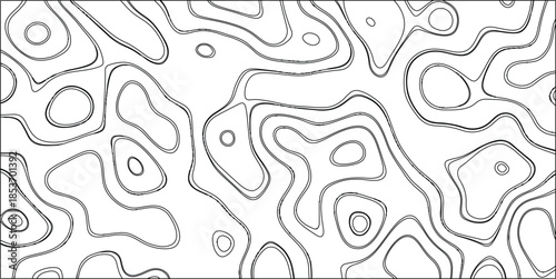 Abstract organic contour lines forming a complex pattern of interconnected shapes and circles on a clean white background, a minimalist graphic design element for backgrounds and textures