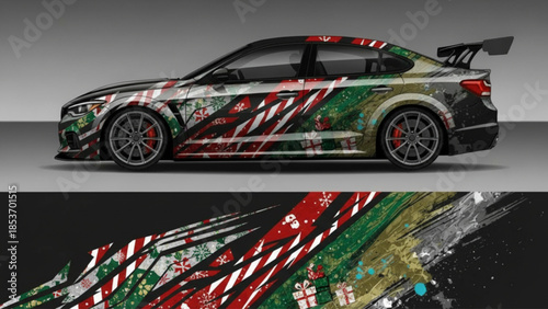 Side view of a custom-wrapped sports car featuring a festive Christmas design with candy canes, snowflakes, and gift boxes.