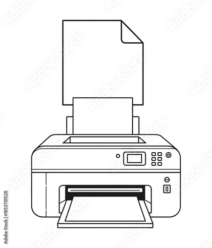 An outline illustration of a modern printer with paper inserted, ready for printing, symbolizing document creation and office technology