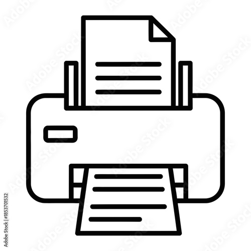 A simple line art illustration of a printer with paper outputting and inputting, showcasing document printing and office technology, perfect for digital and print media projects
