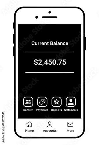 Digital banking application on a smartphone screen displaying current balance, showing transfer, payments, deposits, and statements options on a clean user interface for modern finance management