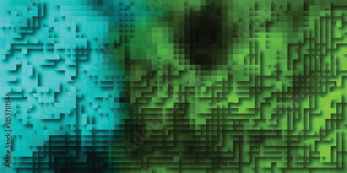 Abstract digital art with a pixelated mosaic effect transitioning from cyan to green, featuring a grid-like structure with extruded squares and shadow casting