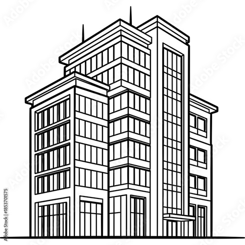 Vector line illustration of a modern urban multi-story building, perfect for architectural concepts, city planning graphics, corporate branding, and commercial real estate projects