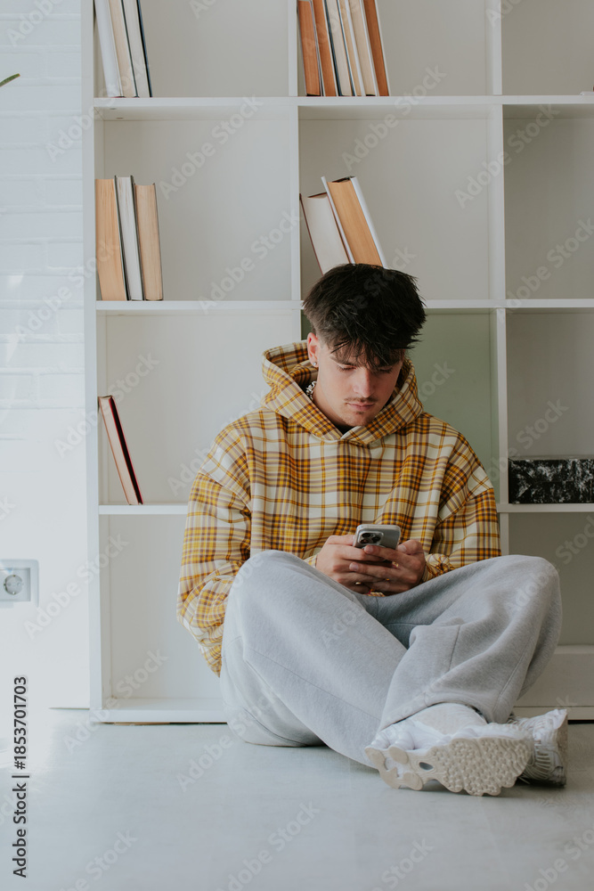 © carballo - young man with mobile phone at home in casual outfit © carballo - young man with mobile phone at home in casual outfit