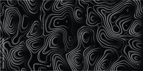 Dense abstract topographic contour lines with white and gray outlines on a black background, creating a highly detailed and intricate organic pattern for futuristic and science-fiction themes