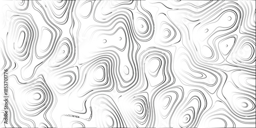 Grayscale topographic contour lines creating a dynamic, abstract, and organic pattern with a gradient effect from dark to light, suggesting depth and movement