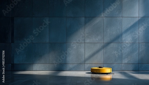 A yellow robotic vacuum cleaner is cleaning a tiled floor in a modern, sunlit room