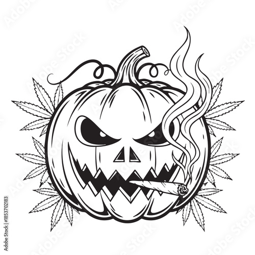 Halloweenthemed Jackolantern with a mischievous face and a smoking cigarette on transparent background
