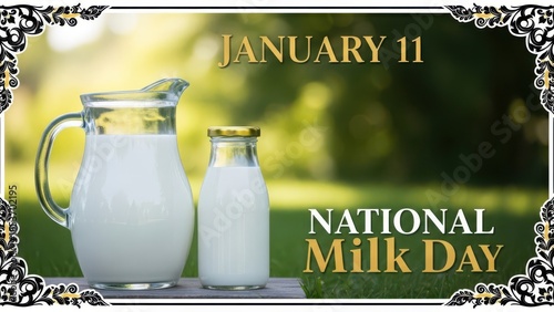 Glass Pitcher and Bottle of Fresh Cold Milk Set Outdoors in a Green Field for National Milk Day
