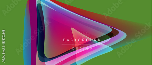 Abstract vibrant layers create dynamic triangular shape. Green backdrop complements colorful design elements. Modern aesthetic.