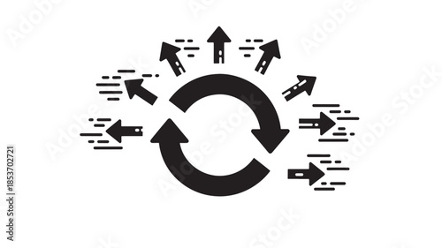 A circular diagram depicts arrows pointing inward and outward illustrating a continuous flow or cyclical process in black