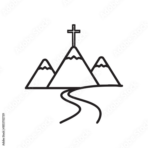 Religious Mountain Scene with Cross on Top of the Peak