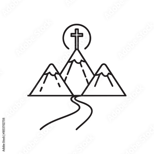 Religious Mountain Landscape with Cross and Pathway Illustration