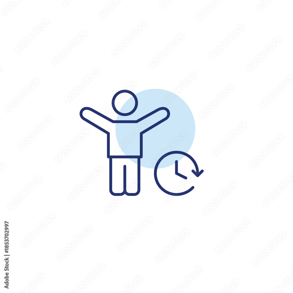 Fototapeta premium Person with arms raised and clock. Work-life balance, achievements, motivation and success. Pixel perfect, editable stroke vector icon