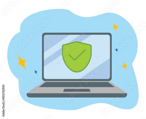 Laptop with checkmark. security system and data protection