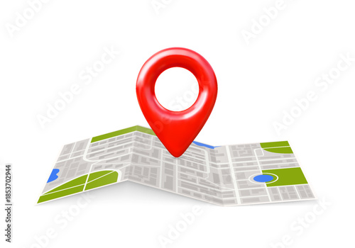 Red geotag on map 3D vector illustration, realistic map pin pointer, travel app navigation, position and location mark