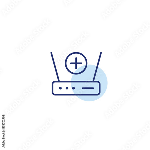 Wifi setup, adding new device. Internet router and plus. Pixel perfect, editable stroke vector icon