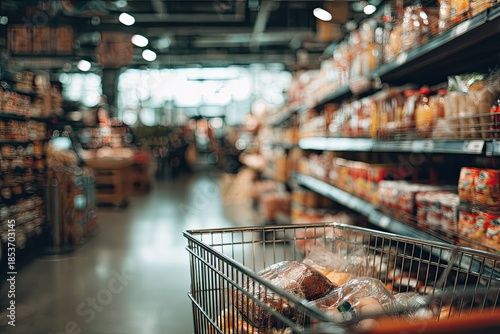Shopping cart in a brightly lit grocery store aisle filled with packaged goods