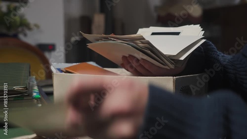 Person selects.nostalgic sentimental photos from private memories box