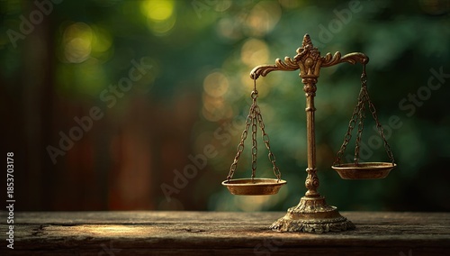 Ornate brass scales of justice on a wooden surface with blurred foliage background