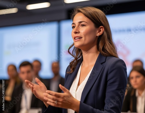 A businesswoman gives a presentation. A woman gives a speech at a corporate event