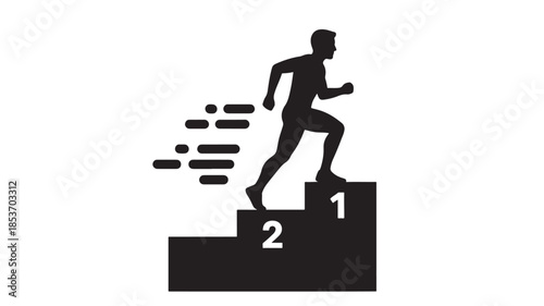 A silhouetted figure is depicted running up a series of steps numbered one and two symbolizing progress and achievement