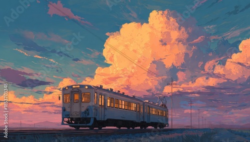 A solitary train travels through a field under a vast, fiery sunset sky