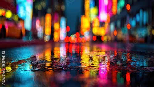 Wet city street reflecting vibrant neon lights after rain