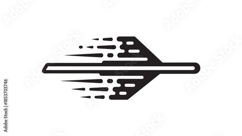 A minimalist black and white illustration depicting a stylized arrow shape with fragmented trails suggesting motion and direction