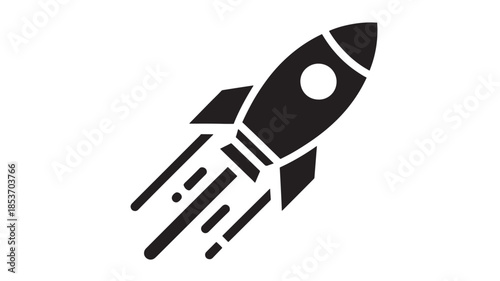 A simple black and white illustration depicts a rocket ship with flames trailing symbolizing space exploration and technological advancement