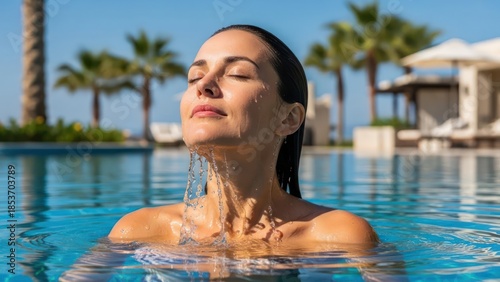 Woman in swimming pool enjoying sunlight with tropical paradise in the background ideal for spa