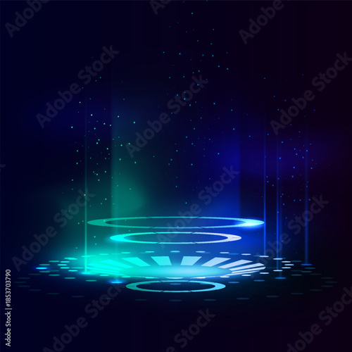Futuristic circular teleporter, blue neon, energy beams.