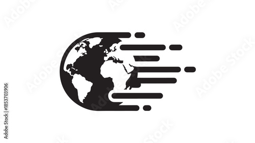 A striking black and white graphic depicts a globe with dynamic speed lines emanating from its surface symbolizing global connectivity