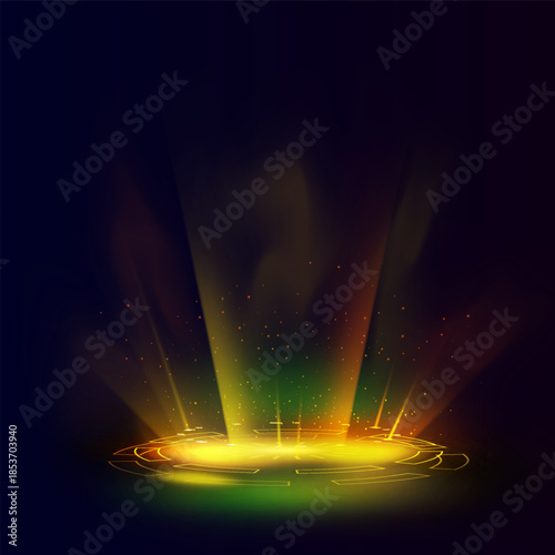 Circular neon yellow holographic portal, energy light effect.