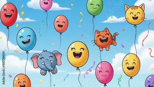 Cartoon party with smiling balloons, playful kittens, and a whimsical elephant soaring in the sky