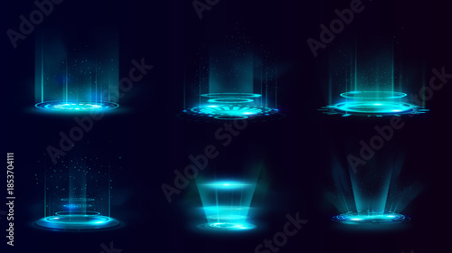Blue hologram futuristic circle portal vector set, magic round teleport with glow rays and sparks, energy light rings