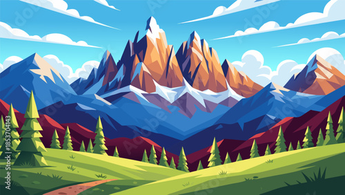 Majestic Mountain Range Under a Vibrant Blue Sky with Green Rolling Hills and Pine Trees