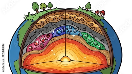 Cartoon representation depicting earth's core structure including magma layers and gemstone