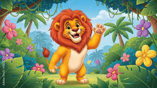 Cheerful cartoon lion waving hello in a lush, colorful jungle scene illustration