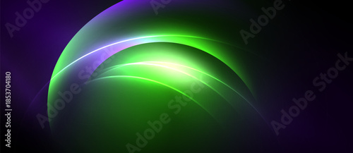 Abstract glowing curves, vibrant green hues blend with purple. Dynamic composition creates luminous energy, modern design.