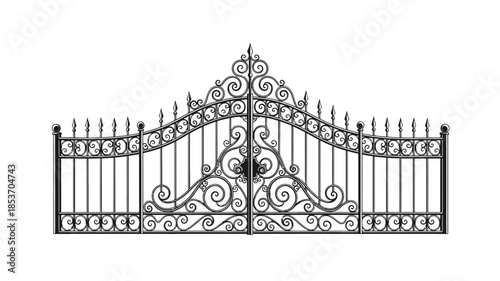 An ornate wrought iron gate with detailed scrollwork and pointed finials