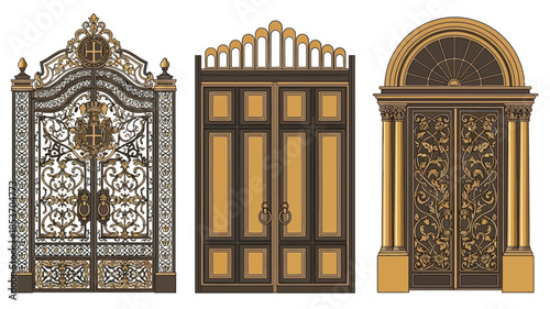 Three ornate golden doors with elaborate designs and intricate detailing showcased