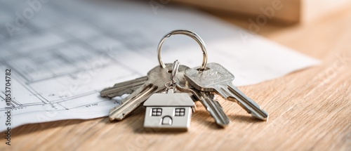 House keys with a house shaped key chain on a blueprint background